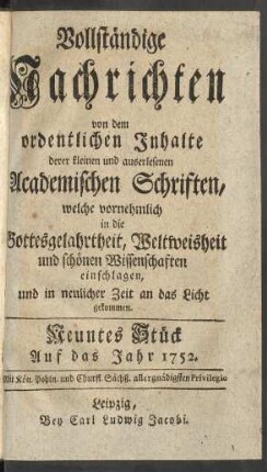 Neuntes Stück. Auf das Jahr 1752