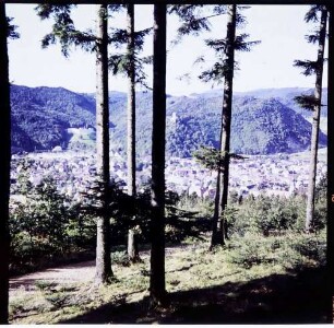 Titisee: Waldweg Titisee nach Hinterzarten, an der Bahnstrecke [Waldkirch: Blick auf Ort und Burg]