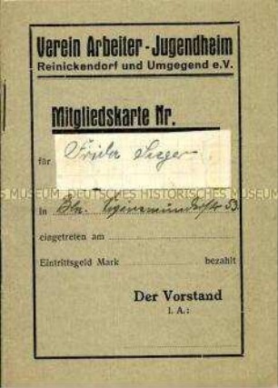 Mitgliedsausweis des Vereins Arbeiter-Jugendheim Reinickendorf