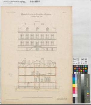 Münster (Münster) Chemisches Institut der Akademie Inventarienzeichnung Vorderansicht, Schnitt 1898 1 : 100 50 x 68 Lithographie: Bogdan Gisevius, Berlin KSM Nr. 1453,5