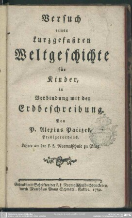 Versuch einer kurzgefaßten Weltgeschichte für Kinder, in Verbindung mit der Erdbeschreibung