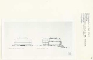 Theater, Bremen-Ostertor (Diplomarbeit bei Karl Wilhelm Ochs): Ansicht von der Strasse und von Süden 1:200