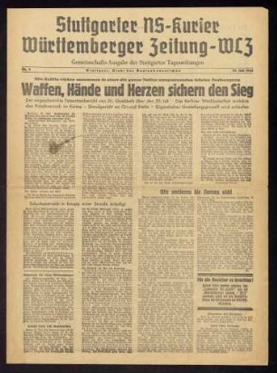 Stuttgarter NS-Kurier. Württemberger Zeitung - WLZ. Gemeinschaftsausgabe der Stuttgarter Tageszeitungen