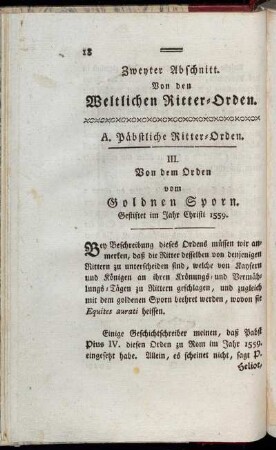 Zweyter Abschnitt. Von den Weltlichen Ritter-Orden.