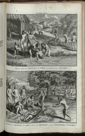 Planche XCVII. : N. 1. Maniere dont les Sauvages de Paria gouvernent leurs Malades ; N. 2. Danse des Sauvages de Paria autour des Mourans, et leurs Ceremonies Funebres