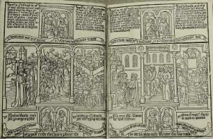 Faksimile der Biblia pauperum: in der Mitte eines jeden Blattes eine Szene aus dem Neuen Testament, links und rechts zwei verwandte Szenen aus dem Alten Testament