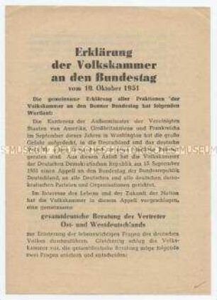 Flugschrift mit dem Wortlaut einer Erklärung der Volkskammer an den Bundestag zur Frage der deutschen Einheit