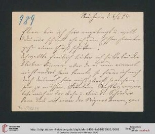 Briefwechsel Theodor Mommsen und Marie Mommsen geb. Reimer: Postkarte von Marie Mommsen an Theodor Mommsen