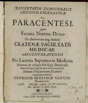 Dissertatio Inauguralis Medico-Chirurgica De Paracentesi