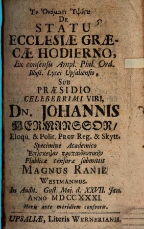 De statu ecclesiae graecae hodierno