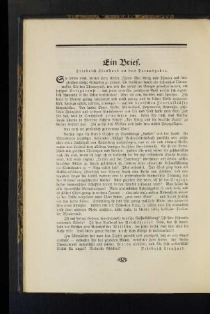 Ein Brief. Friedrich Lienhard an den Herausgeber.