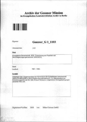 Europäische Gemeinschaft (EG) - Finanzierung von Projekten von Nicht-Regierungsorganisationen