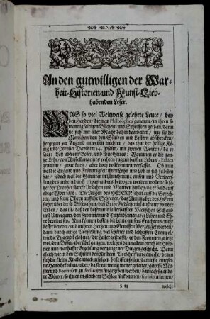 An den gutwilligen der Warheit-Historien- und Kunst-Liebhabenden Leser.