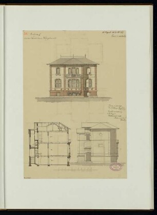 Ländliches Wohnhaus, Berlin-Lichterfelde Monatskonkurrenz April 1881: Aufriss Straßenansicht, Seitenansicht, Querschnitt; Maßstabsleiste