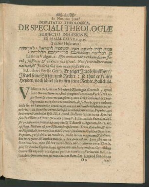 Disputatio Theologica, De Speciali Theologiae Subiecto Inhaesionis.