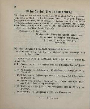 35. Ministerial-Bekanntmachung, den Wechsel in der Hauptagentur der Deutschen Militärdienst-Versicherungs-Anstalt zu Hannover betreffend