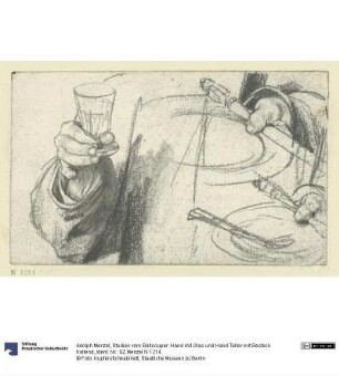 Studien vom Ballsouper: Hand mit Glas und Hand Teller mit Besteck haltend