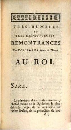 Tres-Humbles Et Très-Respectueuses Remontrances Du Parlement séant à Dijon