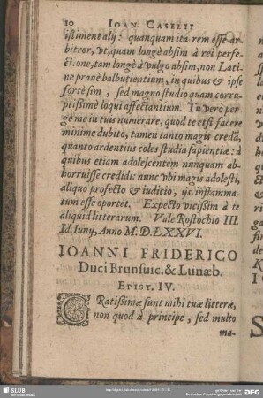 Joanni Friderico Duci Brunsvic. & Lunaeb. Epist. IV.