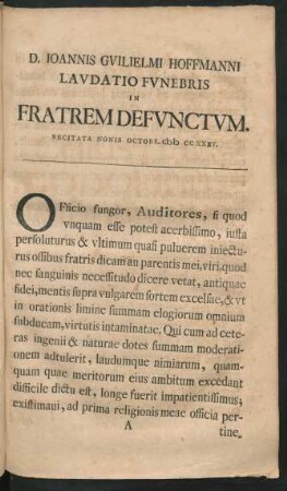 D. Ioannis Guilielmi Hoffmanni Laudatio Funebris In Fratrem Defunctum