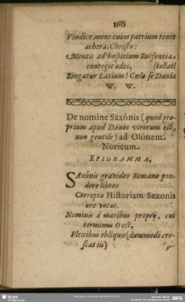 De nomine Saxonis (quod proprium apud Danos virorum est, non gentile) ad Olonem Noricum. Epigramma
