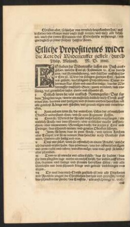 Etliche Propositiones wider die Lere der Widerteuffer gestelt/ durch Philip. Melanth.