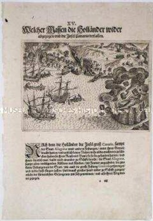 Wie die Holländer die Insel Canaria verließen - Tafel 49 aus de Bry, Amerika II