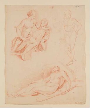 Venus und Amor; Stehende Figur und drei Köpfe; Schlafender bärtiger Mann