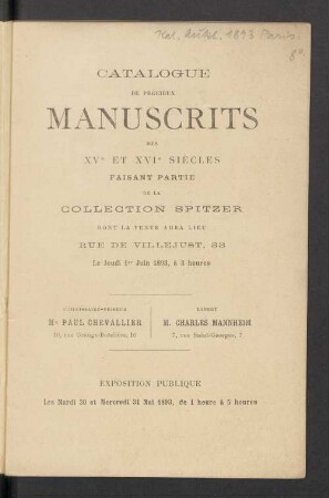 2: Catalogue des objets d'art et de haute curiosité antiques, du moyen-âge et de la renaissance composant la ... Collection Spitzer, dont la vente publique aura lieu à Paris