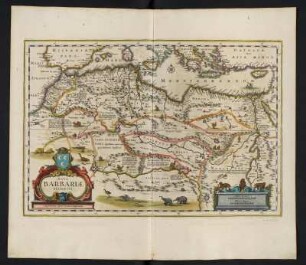 Karte vom Maghreb, ca. 1:12 000 000, kolorierter Kupferstich, 1645 : Nova Barbariae Descriptio. - [Ca. 1:12.000.000]. - Amstelodami//Amsterdam : Ioannes Ianssonius, [1645]. - 1 Kt : Kupferst ; 33 x 50 cm. - Maßstab in graph. Form (Milliaria Germanica, Milliaria Hispanica)