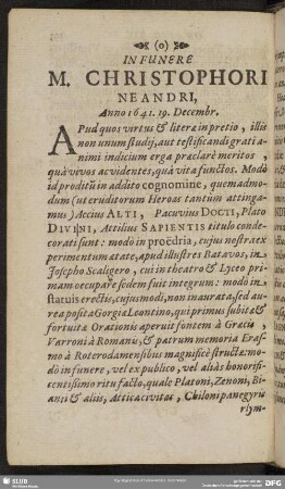 In Funere M. Christophori Neandri, Anno 1641. 19. Decembr.