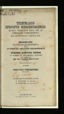 Thietmarus episcopus Merseburgensis, quibus fontibus usus sit in Chronicis compendis quaestiones Criticae