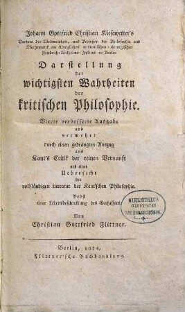 Johann Gottfried Christian Kiesewetter's ... Darstellung der wichtigsten Wahrheiten der kritischen Philosophie