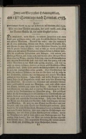 Zwey und Vierzigstes Erbauungsblatt, am 18ten Sonntage nach Trinitat. 1793.