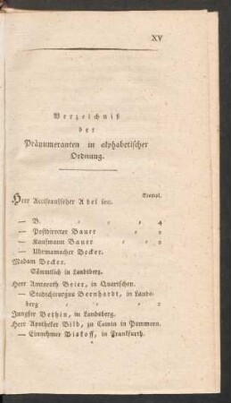 Verzeichniß der Pränumeranten in alphabetischer Ordnung
