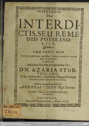 Disputatio de interdictis seu remediis possessoriis