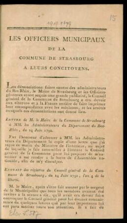 Les Officiers Municipaux De La Commune De Strasbourg A Leurs Concitoyens
