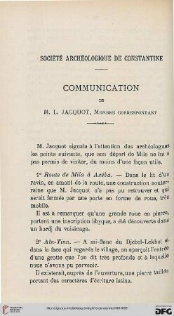 Société Archéologique de Constantine: Communication de M.L. Jacquot