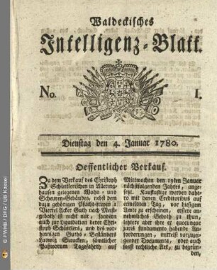 No. 1, Dienstag den 4. Januar 1780