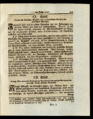 CI. Stück. Nutzen der Auszüge; Register und wöchentlichen Relation der Hallischen Zeitungen.