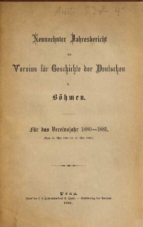Jahresbericht des Vereins für Geschichte der Deutschen in Böhmen. 19. 1880/81 (1881)