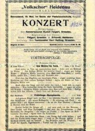 Programm zu einem Konzert des Volkschores Heidenau