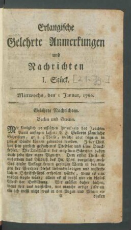 [21. Jahrgang]: Compendivm Historiae Litterariae Novissimae Oder Erlangische Gelehrte Anmerkungen und Nachrichten