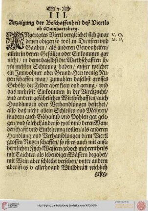 III. Anzaigung der Beschaffenheit deß Viertls ob Mainhartsberg