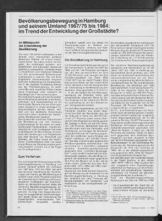 Bevölkerungsbewegung in Hamburg und seinem Umland 1967/75 bis 1984: im Trend der Entwicklung der Großstädte?