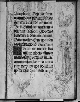 Gebetbuch Kaiser Maximilians I. — Maria im Ährenkleid, von einem Vogel gekrönt; musizierender Putto, Folio 51recto