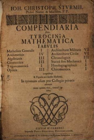 Ioh. Christoph. Sturmii ... Mathesis compendiaria sive tyrocinia mathematica tabvlis