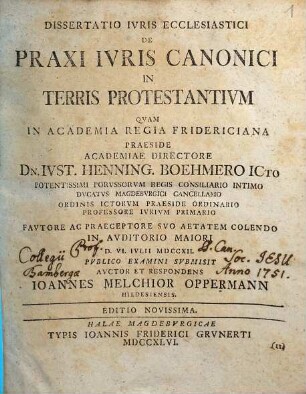 Dissertatio Ivris Ecclesiastici De Praxi Ivris Canonici In Terris Protestantivm
