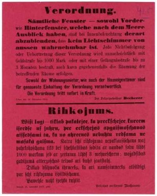 "Verordnung." Verdunkelungsgebot für alle nach dem Meer blickenden Fenster