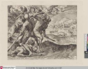 [Herakles erschlägt Geryon und Herakles fängt den Calydonischen Eber; Hercules slays Geryon and Hercules captures the Caledonian boar; Hercule et Geryon]
